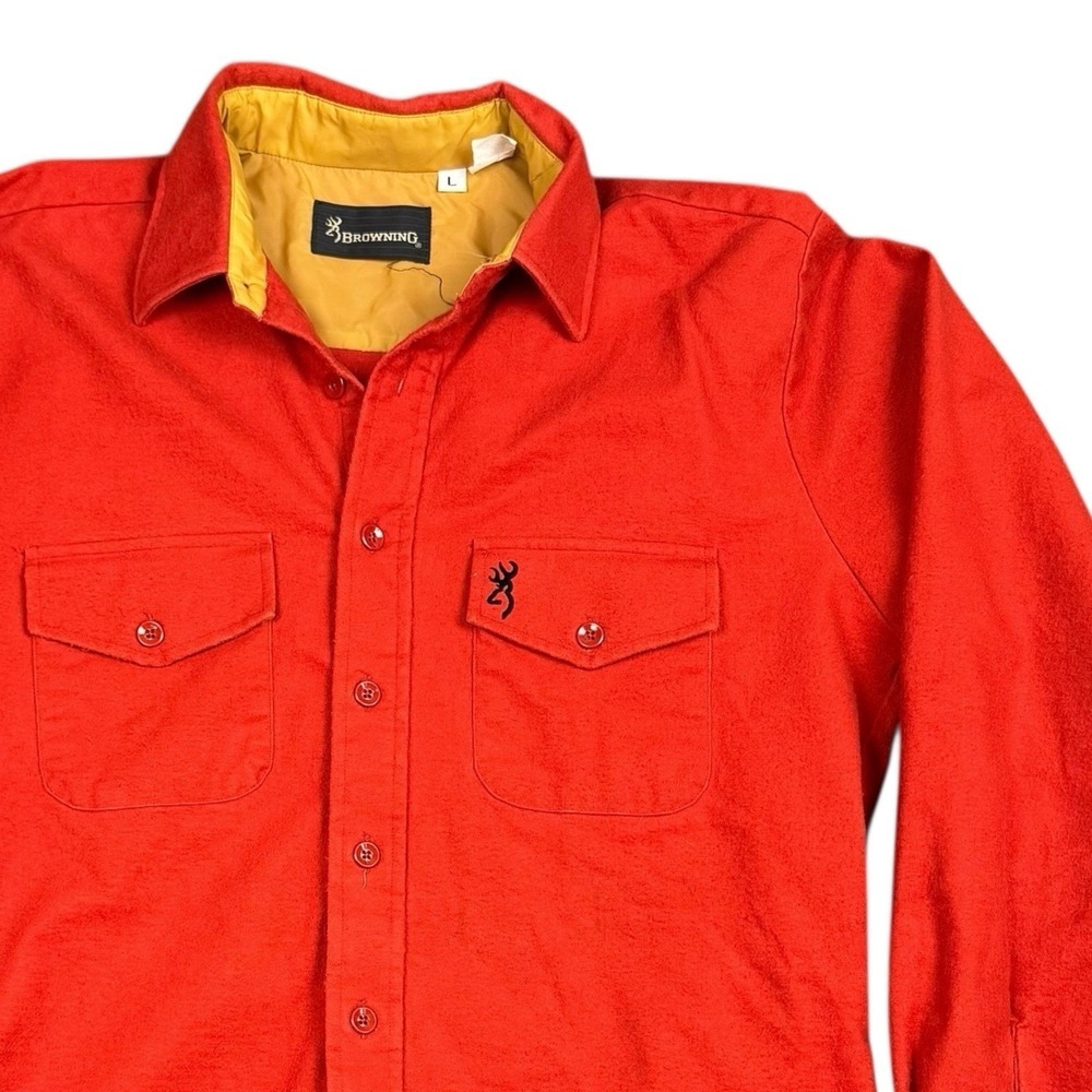 Vintage Browning Shirt Mens L Orange Hunting Western Long Sleeve - Stain